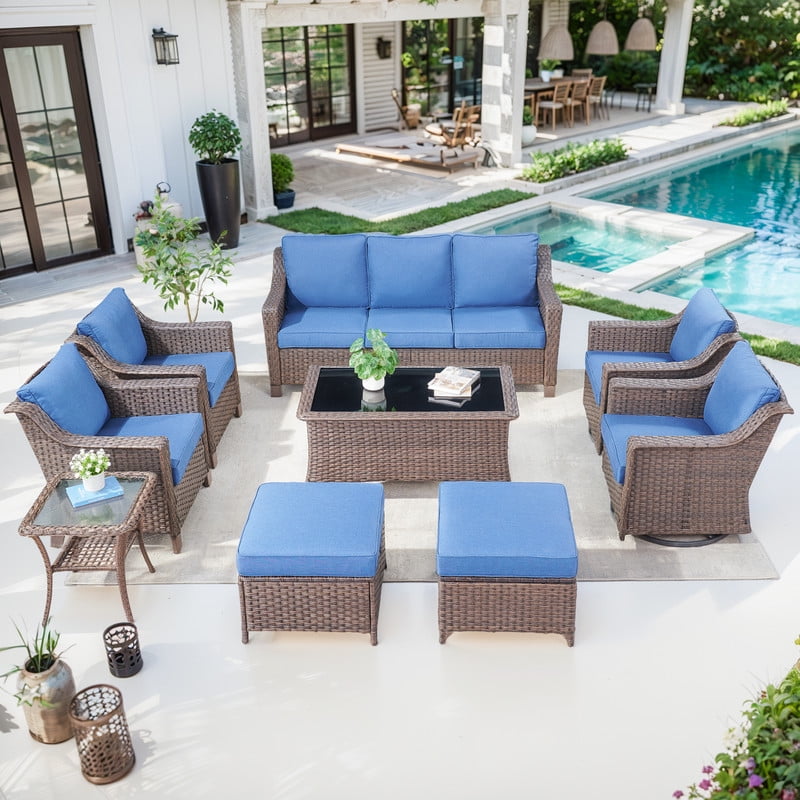 PARKWELL 9 Pieces Outdoor Patio Furniture Set 9-Seat High Back Wicker Conversation Set with Swivel Glider Chairs,Brown Wicker Navy Cushion