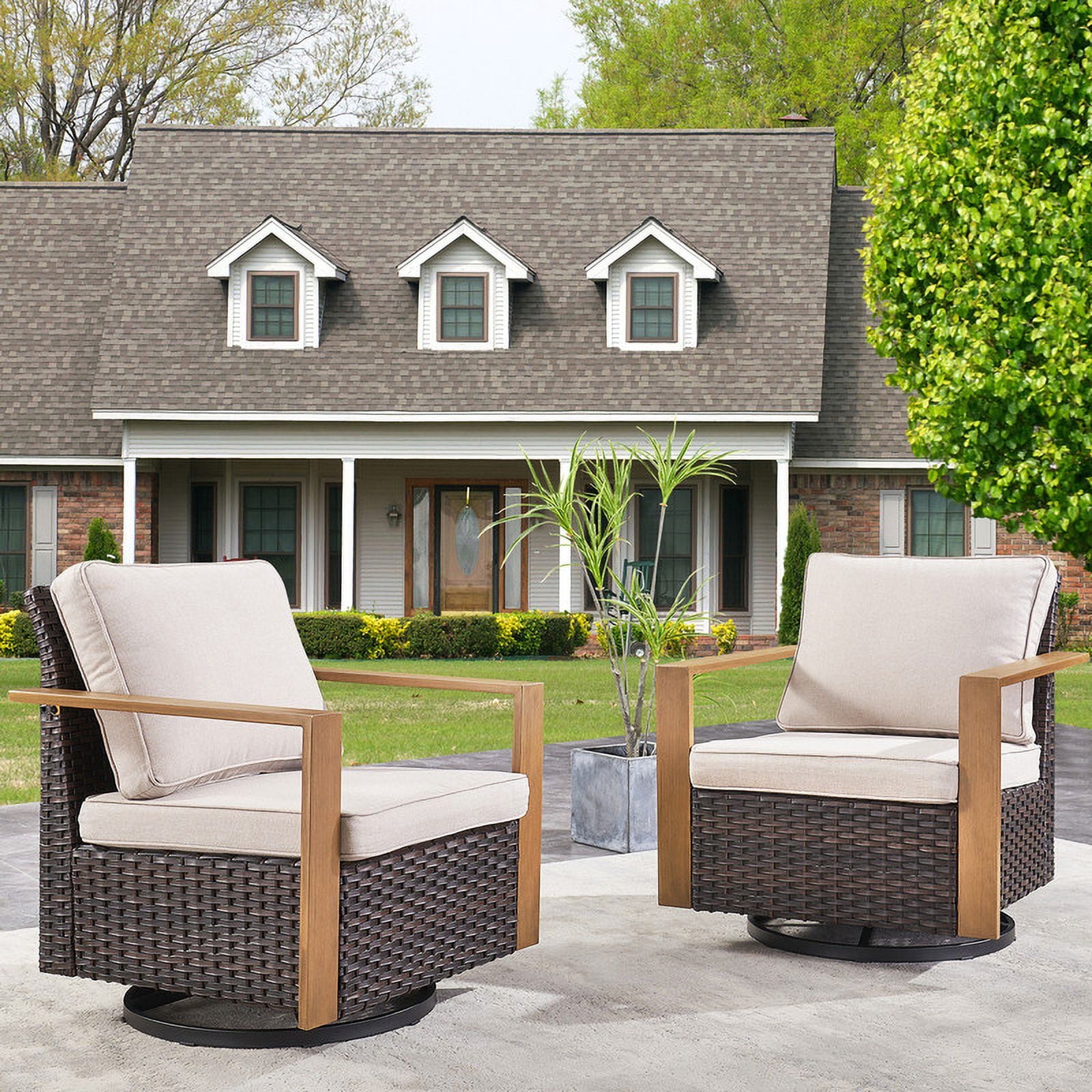 PARKWELL Classic Swivel Glider Chair Set of 2, Patio Cushioned Lounge Swivel Rocker Arm Chair for Balcony Yard,Brown Wicker and Beige Cushions