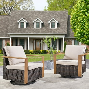 PARKWELL Classic Swivel Glider Chair Set of 2, Patio Cushioned Lounge Swivel Rocker Arm Chair for Balcony Yard,Brown Wicker and Beige Cushions