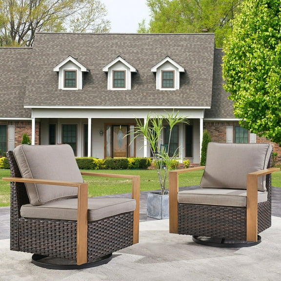 PARKWELL Classic Swivel Glider Chair Set of 2, Patio Cushioned Lounge Swivel Rocker Arm Chair for Balcony Yard,Brown Wicker and Gray Cushions