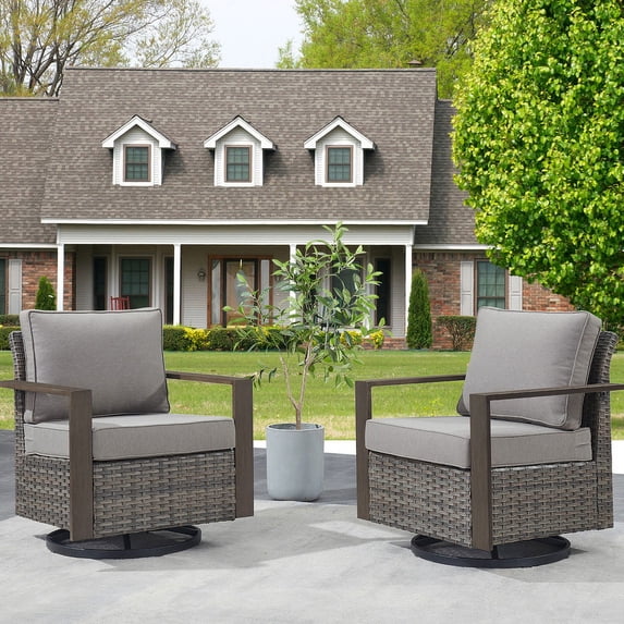 PARKWELL Classic Swivel Glider Chair Set of 2, Patio Cushioned Lounge Swivel Rocker Arm Chair for Balcony Yard,Gray Wicker and Gray Cushions
