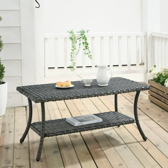 PARKWELL Outdoor Patio Coffee Table with Storage Shelf,Wicker Table for Porch Balcony, Gray