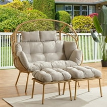 PARKWELL Double Wicker Egg Chair with 2 Ottomans and Cushions - Patio Oversized 2 Person Egg Basket Lounge Chair for Indoor Outdoor Living Room 550lb - Beige