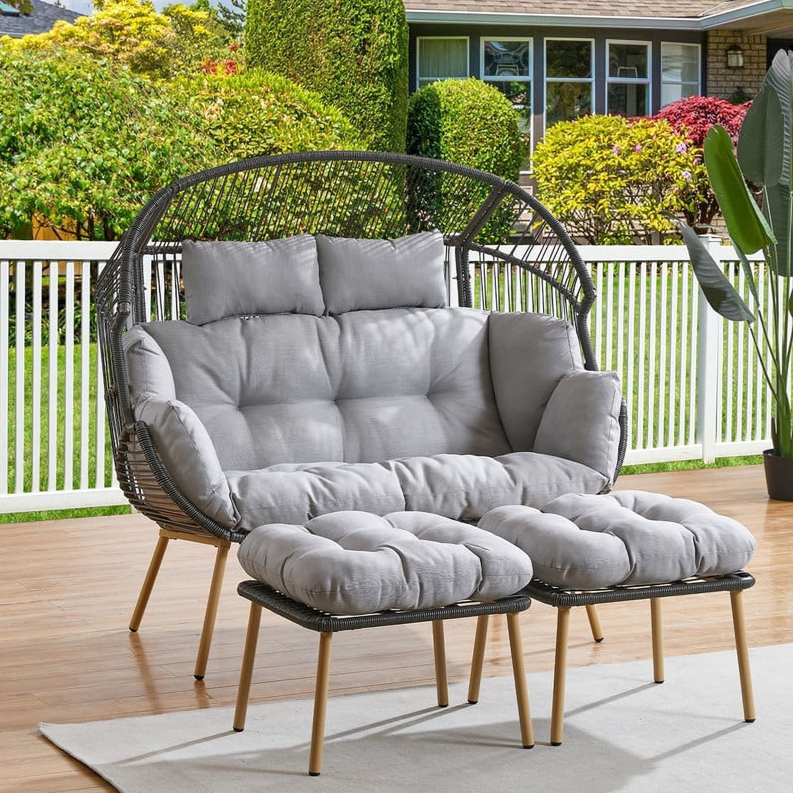 PARKWELL Double Wicker Egg Chair with 2 Ottomans and Cushions - Patio ...