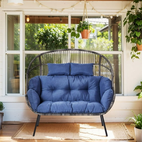 PARKWELL Double Wicker Egg Chair with Cushions - Patio Oversized 2 Person Egg Basket Lounge Chair for Indoor Outdoor Living Room 550lb - Blue