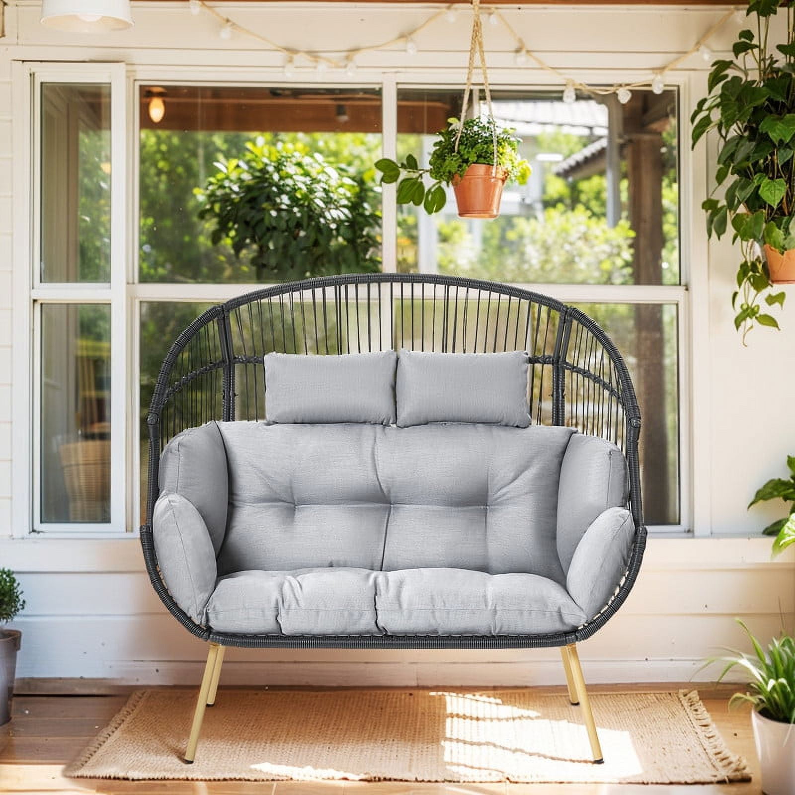PARKWELL Double Wicker Egg Chair with Cushions - Patio Oversized 2 Person Egg Basket Lounge Chair for Indoor Outdoor Living Room 550lb - Light Gray