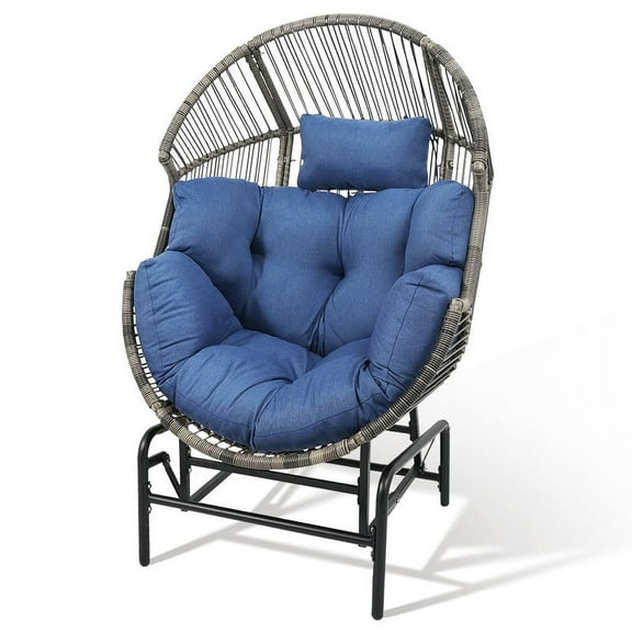 PARKWELL Glider Egg Chair - Wicker Rocking Egg Chair for Living Room Bedroom Outdoor - 300 LBS Capacity - Gray Wicker and Blue Cushion