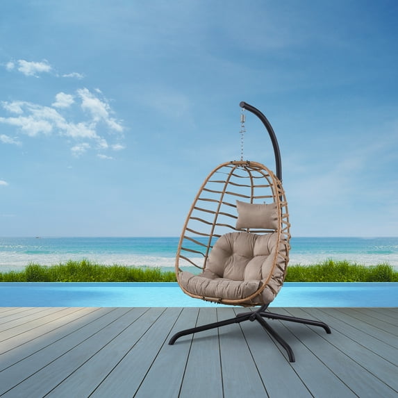PARKWELL Indoor Outdoor Swing Egg Chair with Stand,Foldable Wicker Hanging Egg Chair with Cushion for Patio Bedroom Porch Garden,350LBS Capacity,Beige