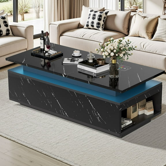 PARKWELL LED Coffee Table for Living Room,Modern High Glossy Center Table with 16 Colors LED Lights and Bluetooth Speaker,Black Cocktail Coffee Table with Open Shelf, Easy Assembly