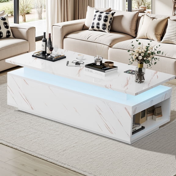 PARKWELL LED Coffee Table for Living Room,Modern High Glossy Center Table with 16 Colors LED Lights and Bluetooth Speaker,White Cocktail Coffee Table with Open Shelf, Easy Assembly