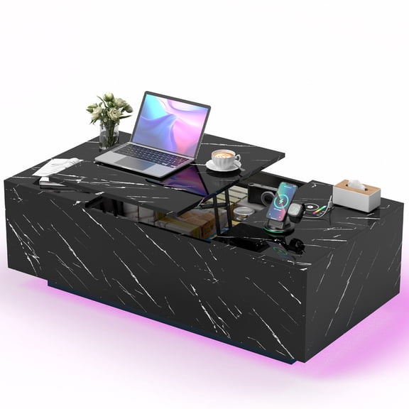 PARKWELL LED Lift Top Coffee Table for Living Room,High Glossy Center Table with Hidden Compartment, LED Lights and Bluetooth Speaker,Black Cocktail Table with Storage Drawers and Shelves