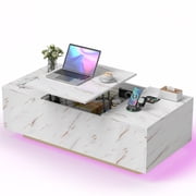 PARKWELL LED Lift Top Coffee Table for Living Room,High Glossy Center Table with Hidden Compartment, LED Lights and Bluetooth Speaker,White Cocktail Table with Storage Drawers and Shelves