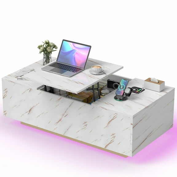 PARKWELL LED Lift Top Coffee Table for Living Room,High Glossy Center Table with Hidden Compartment, LED Lights and Bluetooth Speaker,White Cocktail Table with Storage Drawers and Shelves