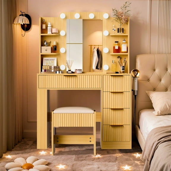PARKWELL Makeup Vanity Desk with Mirror and Lights, Vanity Table and Chair Set with Shelves, Drawer and Power Strip, 3 Modes Adjustable Lights, Natural