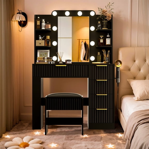 PARKWELL Makeup Vanity Desk with Mirror and Lights, Vanity Table and Chair Set with Shelves, Drawer and Power Strip, 3 Modes Adjustable Lights,Black