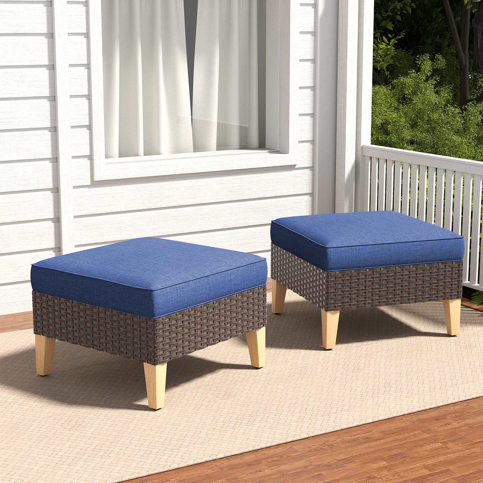 Patiño Resty PARKWELL Outdoor 2-Piece Patio Rattan Ottoman Seat Foot Rest with Blue ...