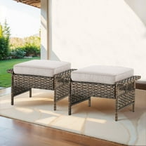 PARKWELL Outdoor 2-Piece Patio Rattan Ottoman,Wicker Footstool Seat Side Table with Cushion for Backyard, Balcony, Poolside,Beige