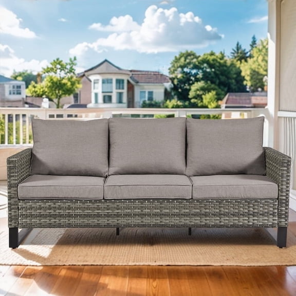 PARKWELL Outdoor 3-Seat Patio Sofa,All-Weather Wicker Rattan Couch Furniture with Gray Cushions,Gray Wicker