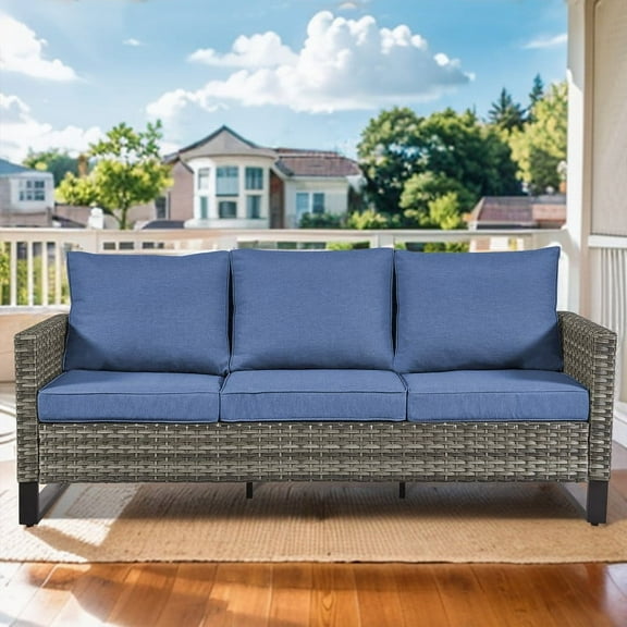 PARKWELL Outdoor 3-Seat Patio Sofa,All-Weather Wicker Rattan Couch Furniture with Navy Cushions,Gray Wicker