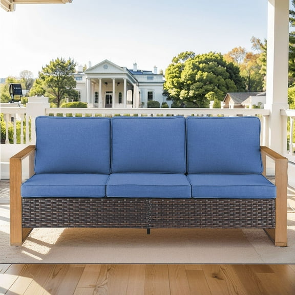 PARKWELL Outdoor 3-Seat Patio Sofa Furniture,Weather Resistant Wicker Couch with Deep Seat Anti-Slip Cushion,Navy