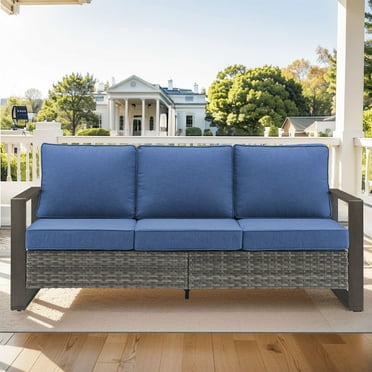 PARKWELL Outdoor 3-Seat Patio Sofa Furniture,Weather Resistant Wicker Couch with Deep Seat Anti-Slip Cushion,Navy