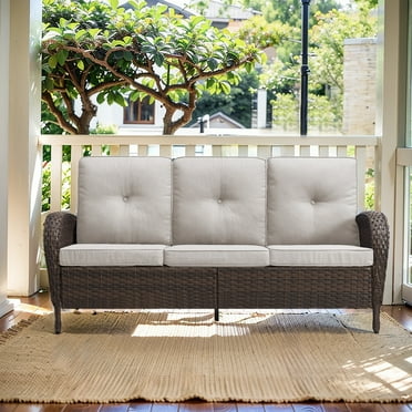 PARKWELL Outdoor 3 Seats Couch Patio Sofa Furniture, All-Weather Wicker Rattan Sofa with Cushions,Beige