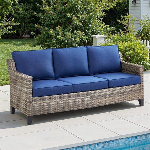 PARKWELL Outdoor 3 Seats Patio Sofa Furniture,All-Weather Wicker Rattan Deep Seat Couch with Removable 4-Inch Thick Cushions,3-Seat Furniture for Deck, Backyard,Gray/Navy