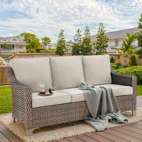 PARKWELL Outdoor 3 Seats Patio Sofa Furniture,All-Weather Wicker Rattan Deep Seat Couch with Removable Cushions,Beige