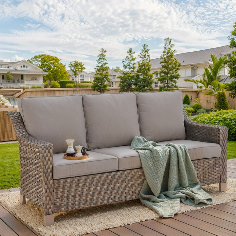 PARKWELL Outdoor 3 Seats Patio Sofa Furniture All Weather Wicker Rattan Deep Seat Couch with Removable Cushions Gray