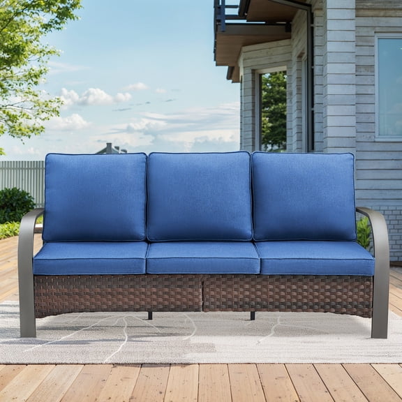 PARKWELL Outdoor 3 Seats Patio Sofa Furniture,Wicker Rattan Deep Seat Couch with Anti-Slip Navy Cushions for Porch Balcony Backyard,Brown Wicker
