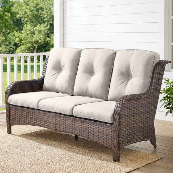 PARKWELL Outdoor 3 Seats Sofa - Rattan Wicker Patio Couch with Cushions - Steel Frame - Brown Wicker, Beige Cushions
