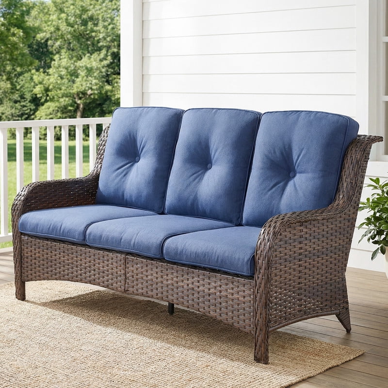 PARKWELL Outdoor 3 Seats Sofa - Rattan Wicker Patio Couch with Cushions - Steel Frame - Brown Wicker, Blue Cushions
