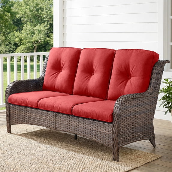 PARKWELL Outdoor 3 Seats Sofa - Rattan Wicker Patio Couch with Cushions - Steel Frame - Brown Wicker, Red Cushions