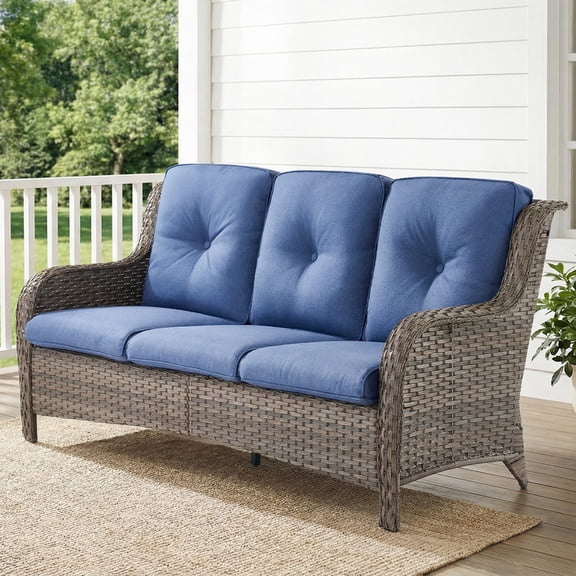 PARKWELL Outdoor 3 Seats Sofa - Rattan Wicker Patio Couch with Cushions - Steel Frame - Gray Wicker, Blue Cushions