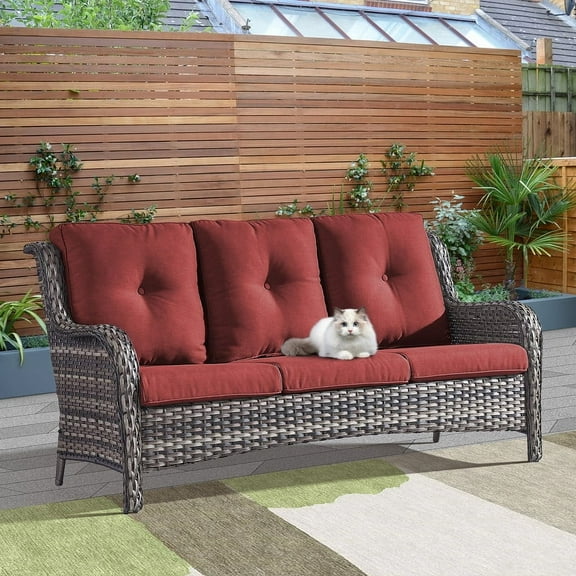PARKWELL Outdoor 3 Seats Sofa - Rattan Wicker Patio Couch with Cushions - Steel Frame - Gray Wicker, Red Cushions