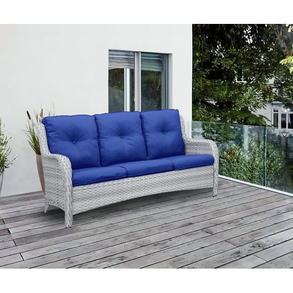 PARKWELL Outdoor 3 Seats Sofa - Rattan Wicker Patio Couch with Cushions - Steel Frame - Offwhite Wicker, Blue Cushions