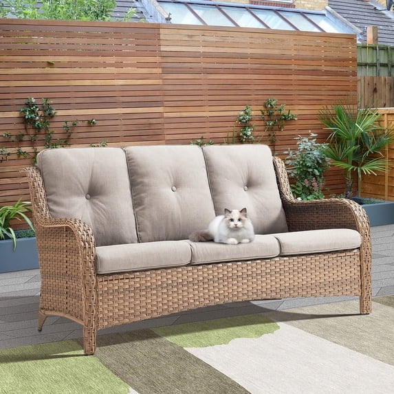 PARKWELL Outdoor 3 Seats Sofa - Rattan Wicker Patio Couch with Cushions - Steel Frame - Yellow Wicker, Beige Cushions