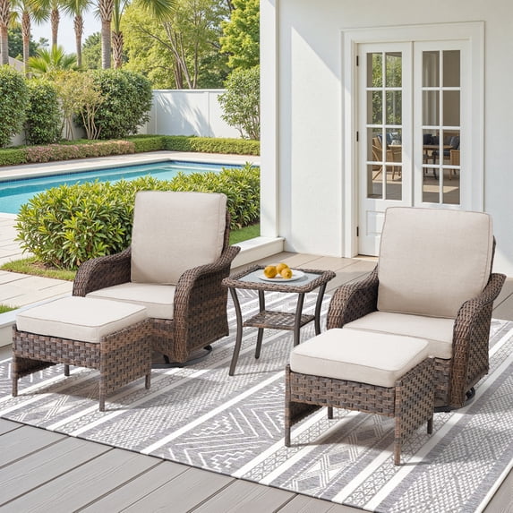 PARKWELL Outdoor 360° Swivel & Glider Wicker Chairs Set with Footrests, 5-Piece All-Weather Rattan Patio Conversation Furniture Set with Cushions for Porch Deck Backyard, Beige