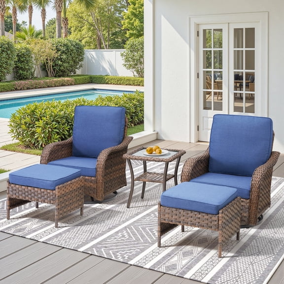 PARKWELL Outdoor 360° Swivel & Glider Wicker Chairs Set with Footrests, 5-Piece All-Weather Rattan Patio Conversation Furniture Set with Cushions for Porch Deck Backyard, Blue
