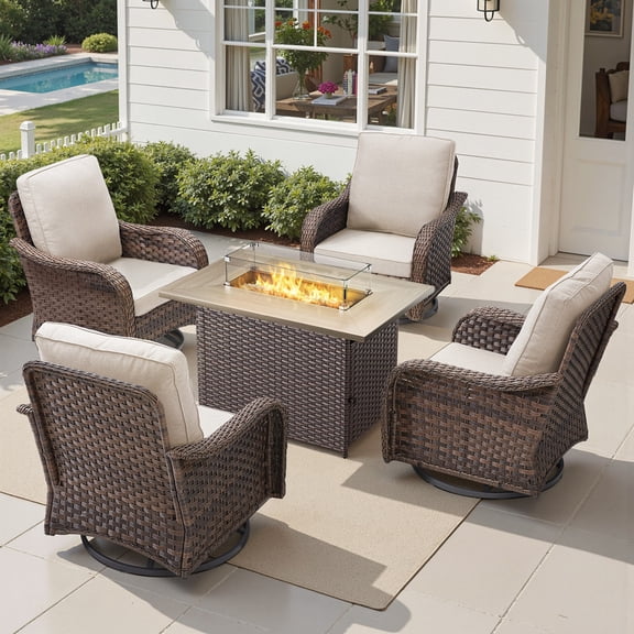PARKWELL Outdoor 360° Swivel & Glider Wicker Chairs Set with Propane Fire Pit Table, 5-Piece All-Weather Rattan Rocking Conversation Chairs for Deck Garden Backyard, Beige
