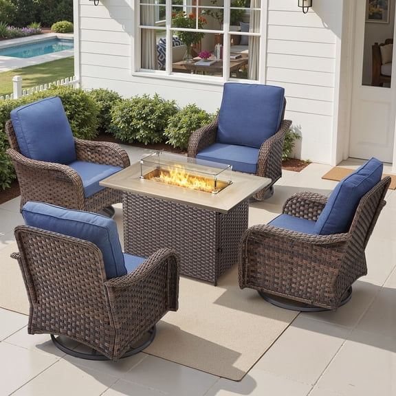 PARKWELL Outdoor 360° Swivel & Glider Wicker Chairs Set with Propane Fire Pit Table, 5-Piece All-Weather Rattan Rocking Conversation Chairs for Deck Garden Backyard, Blue