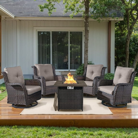 PARKWELL Outdoor 5-Piece Patio Furniture Set with 4 High-Back Swivel Glider Chairs and 50,000 BTU Fire Pit Table,Wicker Deep Seat Conversation Set for Balcony Deck,Brown Wicker Gray Cushions