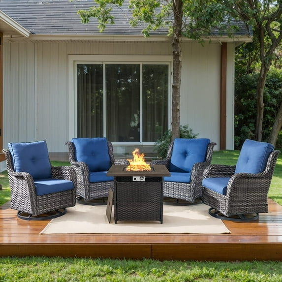 PARKWELL Outdoor 5-Piece Patio Furniture Set with 4 High-Back Swivel Glider Chairs and 50,000 BTU Fire Pit Table,Wicker Deep Seat Conversation Set for Balcony Deck,Gray Wicker Navy Cushions