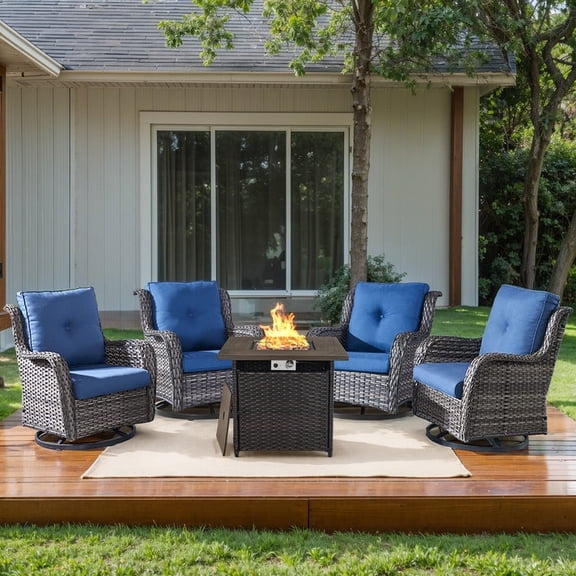 PARKWELL Outdoor 5-Piece Patio Furniture Set with 4 High-Back Swivel Glider Chairs and 50,000 BTU Fire Pit Table,Wicker Deep Seat Conversation Set for Balcony Deck,Gray Wicker Navy Cushions