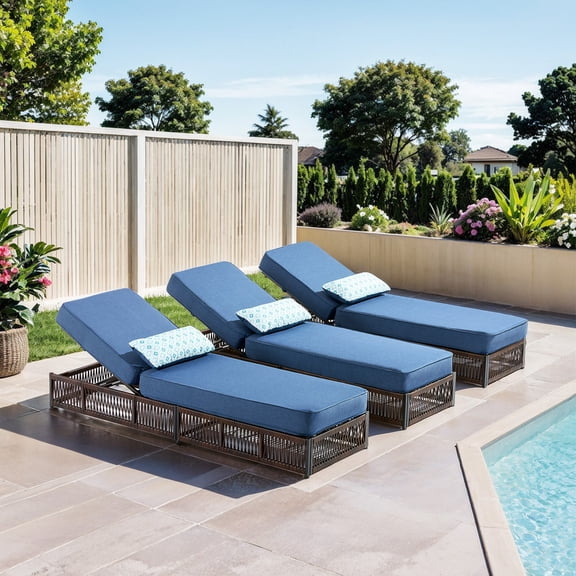 PARKWELL Outdoor Chaise Lounge Chair Set of 3, Wicker Reclining Chair with Steel Frame, 5-Position Backrest, 5" Thick Cushions and Lumbar Support for Patio or Poolside, Brown/Navy