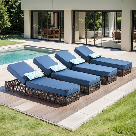 PARKWELL Outdoor Chaise Lounge Chair Set of 4, Wicker Reclining Chair with Steel Frame, 5-Position Backrest, 5" Thick Cushions and Lumbar Support for Patio or Poolside, Brown/Navy