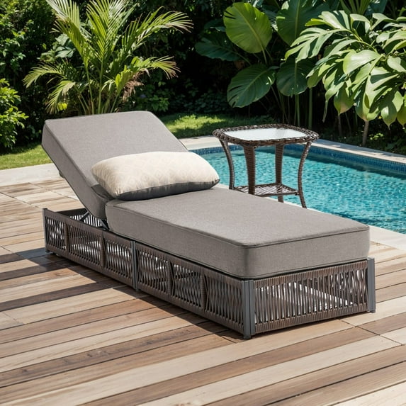 PARKWELL Outdoor Chaise Lounge Chair Set, Wicker Reclining Chair with Side Table,5-Position Backrest, 5" Thick Cushions and Lumbar Support for Patio or Poolside, Brown/Gray