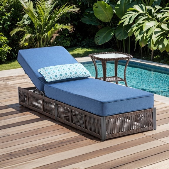 PARKWELL Outdoor Chaise Lounge Chair Set, Wicker Reclining Chair with Side Table,5-Position Backrest, 5" Thick Cushions and Lumbar Support for Patio or Poolside, Brown/Navy