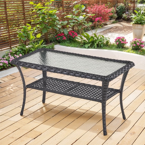 PARKWELL Outdoor Coffee Table with Glass Top and Storage Wicker Patio Table Outdoor Dining Table,Black