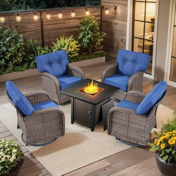 PARKWELL Outdoor Conversation Set with 4 High-Back Swivel Glider Chairs and 30-Inch 2-in-1 Propane Fire Pit Table, 50,000 BTU Patio Furniture for Garden, Deck, Backyard, Brown/Navy, 5-Piece